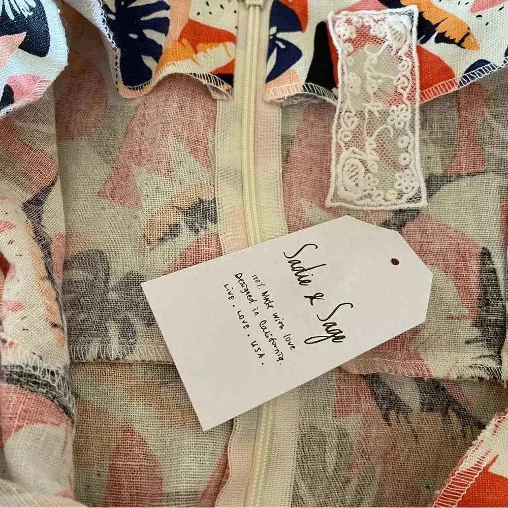Sadie and Sage Tahiti Floral Tropical Linen Mini Dress V Neck Ruffle Hem: Large - Picture 8 of 13